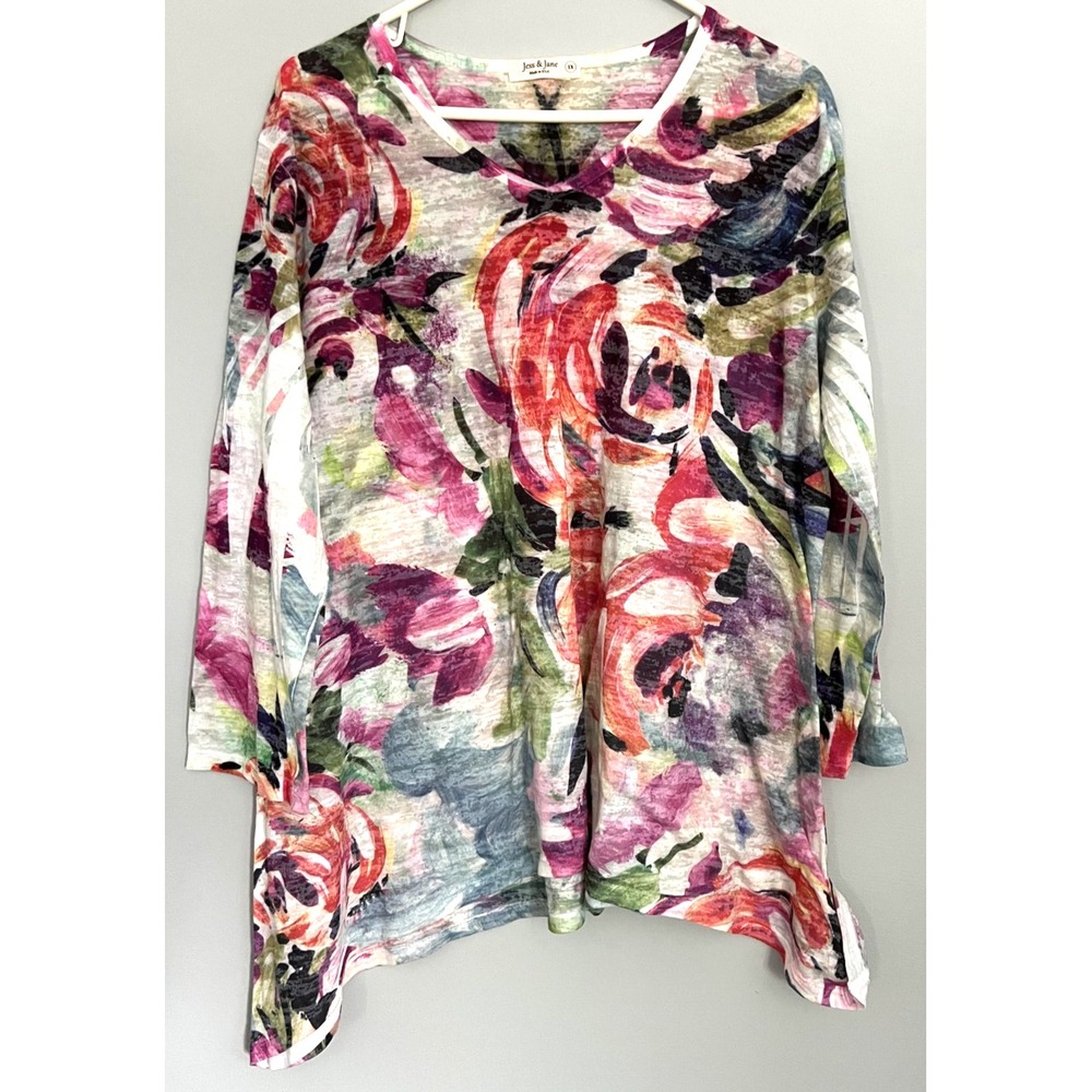 Jess & Jane‎ Shirt Womens 1X Multicolor Floral Tunic Top Asymmetric Hem Made USA